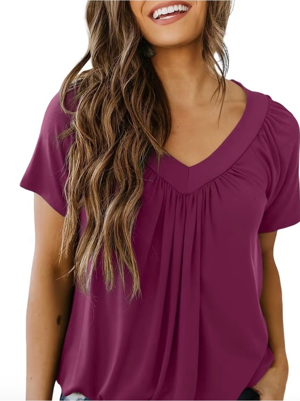 Pleated V-Neck Blouse in Plum
